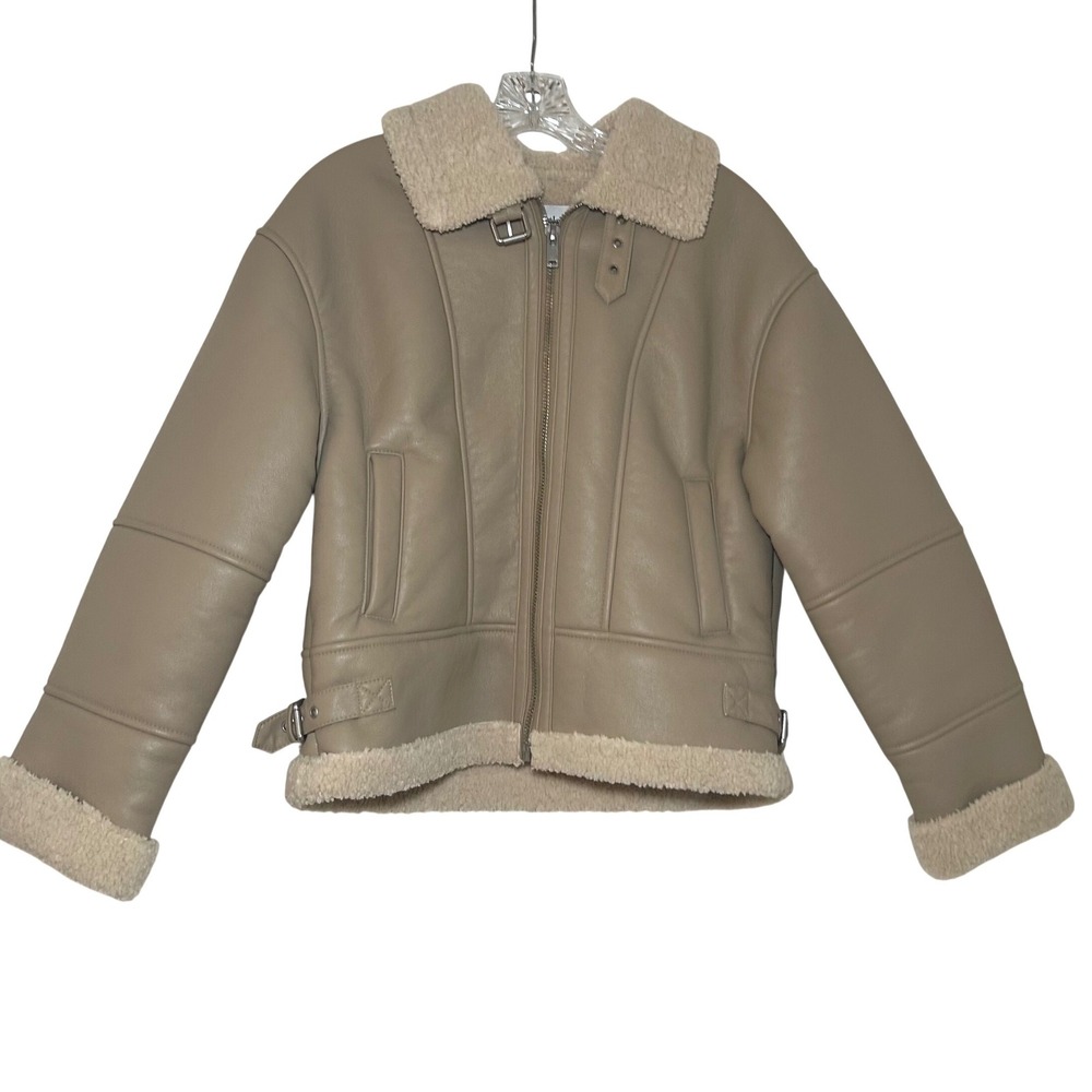 Heartloom Womens XS Tan Faux Leather Shearling Aviator Moto Jacket minimalist